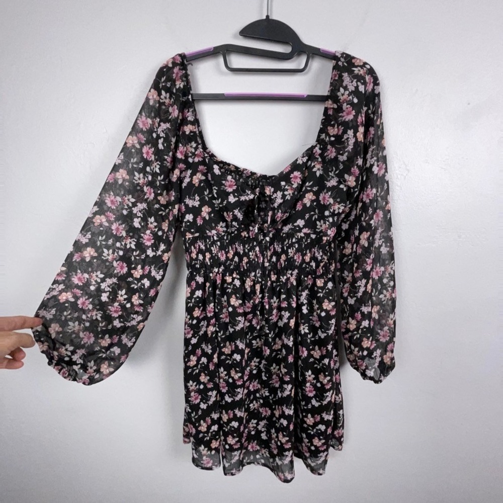 Trixxi Dress Women M Black Floral Balloon Sleeve Smocked Mini Dark Romantic Goth